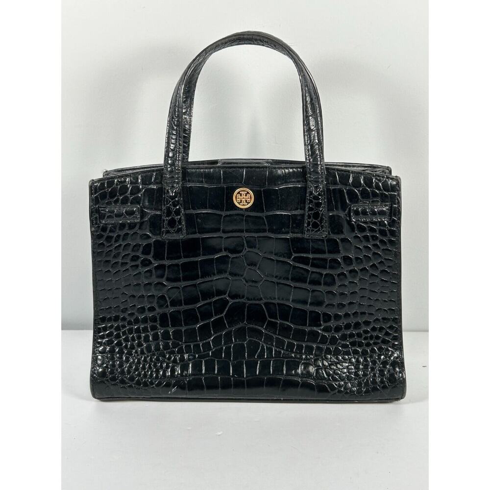 Tory Burch Women's Walker Crocodile‎ Embossed Small Satchel Black Handbag